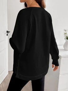 SHEIN Maternity Solid Color Round Neck Raglan Long Sleeve Casual Nursing Sweatshirt Winter - Black - View 7