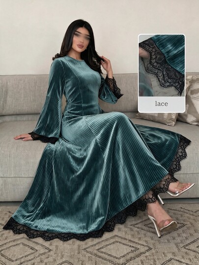Yasmyna Women's Green Knitted Striped Gold Velvet Long Sleeve Cinched Waist A-Line Lace Trim Elegant Romantic Arabian Dress