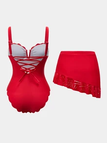 Swim Oasis Christmas Red Petal Trim Bandeau Detachable Shoulder Strap Skirt Swimsuit One Piece Two Pieces Set - Red - View 2