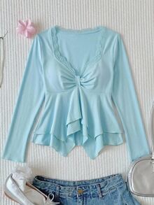 Comfortcana Women's Lace Patchwork Pleated Casual Daily Long Sleeve T-Shirt - Mint Green - View 8