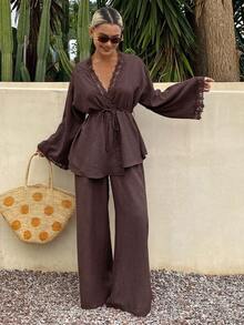 Dazy Tall Women's Lace Patchwork Vacation Style Casual 2 Pieces Set - Brown - View 3