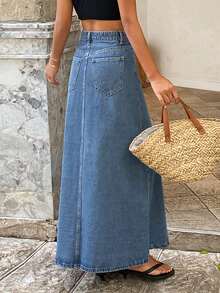 Dazy Tall Women's Asymmetrical Waist Design Split Long Casual Skirt - Medium Wash - View 3