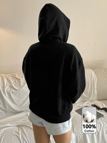 SHEIN 青少年女孩針織純色雙口袋寬鬆休閒衛衣 - 黑色 - 查看 2