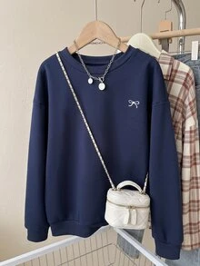 SHEIN Girls Casual Korean Style Patchwork White Lace Embroidered Collar Cuff Flare Sleeve Sweatshirt, Suitable For Travel, School, Commuting Wear - Blue - View 4