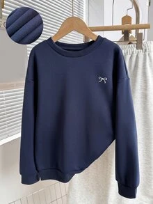 SHEIN Girls Casual Korean Style Patchwork White Lace Embroidered Collar Cuff Flare Sleeve Sweatshirt, Suitable For Travel, School, Commuting Wear - Blue - View 8