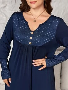 Lacomfia Plus Size Loose Fit Milk Silk Stretch Fabric Dress With Lace Trim Neckline And Cuffs, Polka Dot Print Casual Style, Suitable For Spring And Autumn Daily Wear - Navy Blue - View 4