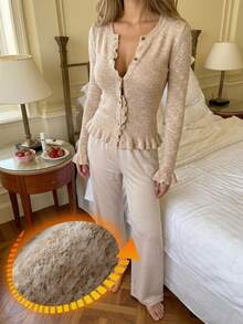 Livesso Women's Solid Color Long Sleeve Top And Pants Casual Daily Loungewear Set - Apricot - View 1