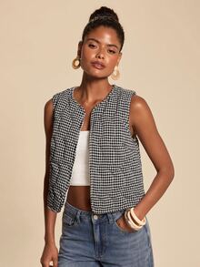 Travachic Women's Plaid Open Front Casual Vest Jacket - Black and White - View 5