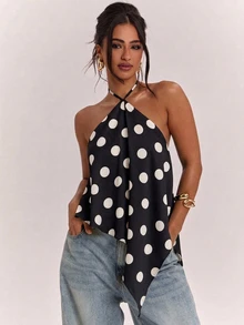 SHEIN BAE 女款性感波點印花不對稱下擺掛脖繫帶背心 - 黑色 - 查看 1