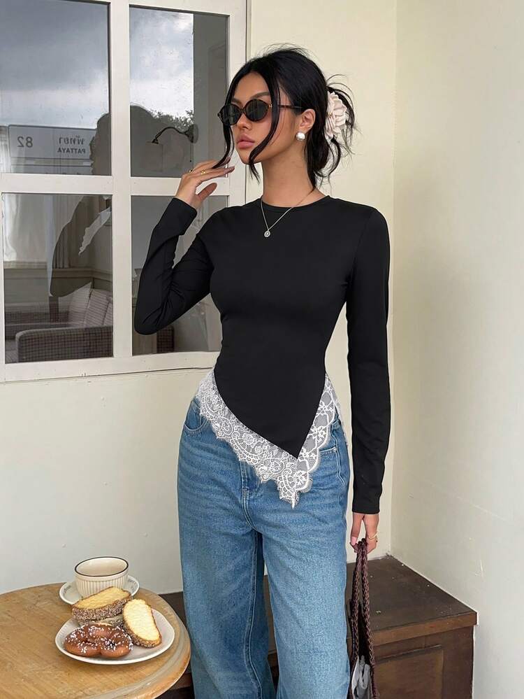 Serisse Women's French Fashion Lace Patchwork Asymmetrical Hem T-Shirt - Black and White - View 8