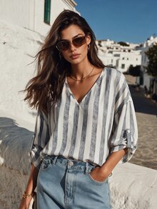 LUMIGAL All Season Spring Summer Autumn Winter V-Neck Dropped Shoulder 3/4 Sleeve Button Cuffed Striped Digital Print Fashion Casual Women's Shirt - Multicolor - View 5
