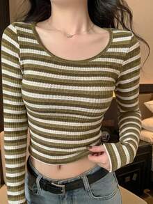 DAZY 女款極簡百搭條紋拼色長袖T恤 Y2K - 黃色 - 查看 4