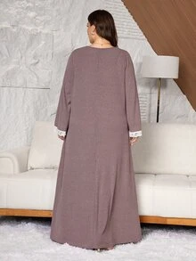 Lacomfia Plus Size Women's Contrast Lace Square Neck Long Sleeve Elegant Dress - Pink - View 2