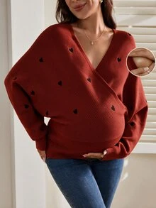 SHEIN 孕婦哺乳心形刺繡優雅長袖針織衫 - 紅木色 - 查看 4