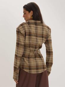 MUSEYN Checked Shoulder Pads Back Cinch Detail Shirts Versatile Everyday Casual Fall - Multicolor - View 4