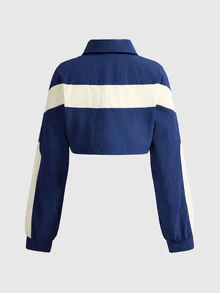 ROMWE Street Life Jaket Nylon Pendek Colorblock Gaya Streetwear Outdoor Wanita - Navy Blue - View 2