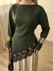 Celisse Blus Wanita Model Longgar Awal Musim Gugur Terbaru dengan Hem Asimetris dan Hiasan Renda Lengan Panjang - Hijau - View 6