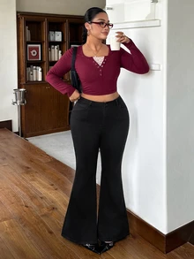 Rivivi 女款高腰黑色彈性修身顯瘦喇叭褲，秋冬新年穿搭牛仔褲 - 黑色 - 查看 5