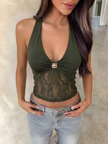 Aloruh 女款夏季性感蕾絲拼接純黑色背心 - 軍綠色 - 查看 5