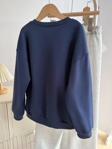 SHEIN Girls Casual Korean Style Patchwork White Lace Embroidered Collar Cuff Flare Sleeve Sweatshirt, Suitable For Travel, School, Commuting Wear - Blue - View 2