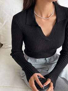 DAZY 女款素色領口長袖商務休閒套頭針織衫 - 黑色 - 查看 1