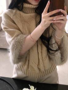 DAZY Women's Semi-High Neck Frayed Patchwork Casual Solid Color Autumn/Winter Korean Style Elegant Sweater - Pink - View 3