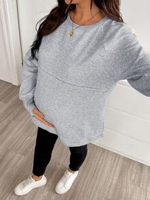 SHEIN Maternity Solid Color Round Neck Raglan Long Sleeve Casual Nursing Sweatshirt Winter - Grey - View 3