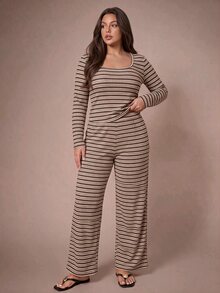 Lazeform Plus Size Fashion Minimalist Striped Square Neck Long Sleeve Pants Pajama Set 2pcs - Multicolor - View 4