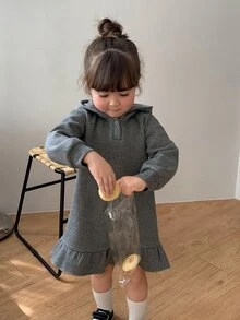 DAZY Baby Girl Solid Color Casual Daily Summer Hooded Dress - Grey - View 6