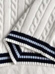 SHEIN Tween Girls Sweaters - Striped, Color-Blocked, Cable Knit, V-Neck, Lantern Sleeve, Wide-Leg Pullover Sweater For Girls, Perfect For Autumn And Winter, And Great For . - White - View 7