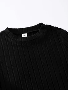 SHEIN 青少年女孩可愛蝴蝶結印花繫帶毛絨外套羅紋上衣內搭褲秋冬三件套 - 黑色 - 查看 4