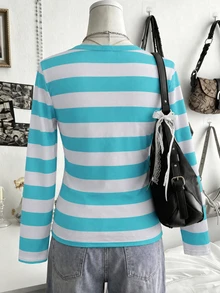 SHEIN Sparklyn 青少年女孩蕾絲圓領磨毛彈性纖維青藍色長袖T恤修身款休閒可愛秋季上衣校園正式穿搭 - 彩色 - 查看 2