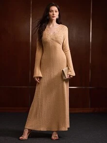 MOTF PREMIUM WOMEN'S AUTUMN/WINTER EMBROIDERED BEADED COLLAR FLARED SLEEVE CINCHED WAIST A-LINE KNIT DRESS - Khaki - View 4