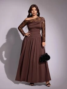 Viva Relle Plus Size Elegant Asymmetrical Shoulder Slim Fit Long Sleeve Dress - Coffee Brown - View 4