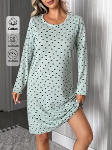 SHEIN Cotton Women Mint Green Heart Pattern Rib Knit Round Neck Long Sleeved Comfort Nightgown - Mint Green - View 7