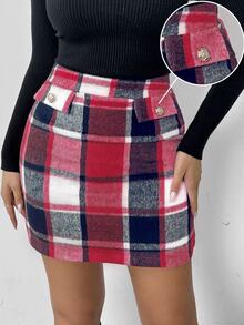 SHEIN Franclia 女款高腰鈕扣設計格紋優雅裙 - 彩色 - 查看 2