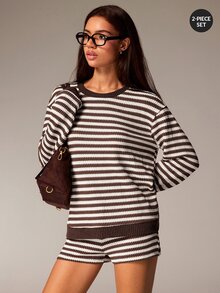 Athîral Women's Relaxed Fit Blue White Stripe Rib Knit Two Pieces Set,Long Sleeve Top,Drawstring Shorts,Fall Y2K Casual Loungewear For Home,Everyday Lounge - Multicolor - View 4