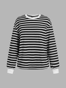 SHEIN LUNE 休閒條紋女款圓領海軍藍條紋百搭休閒衛衣 - 彩色 - 查看 4