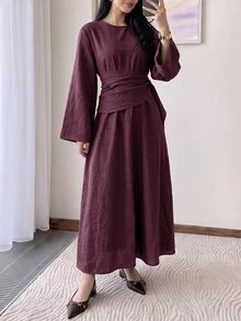 Solavon Women's Solid Color Round Neck Flared Sleeve Ruched Waist Elegant Modest Long Dress Everyday Bday Burgundy Autumn - Burgundy - View 6