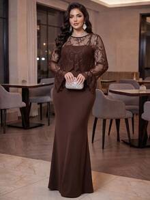 Auveirra طقم نسائي كاجوال من قطعتين مقاس كبير، ملابس علوية دانتيل بأكمام طويلة وتنورة - بني - مشاهدة 1
