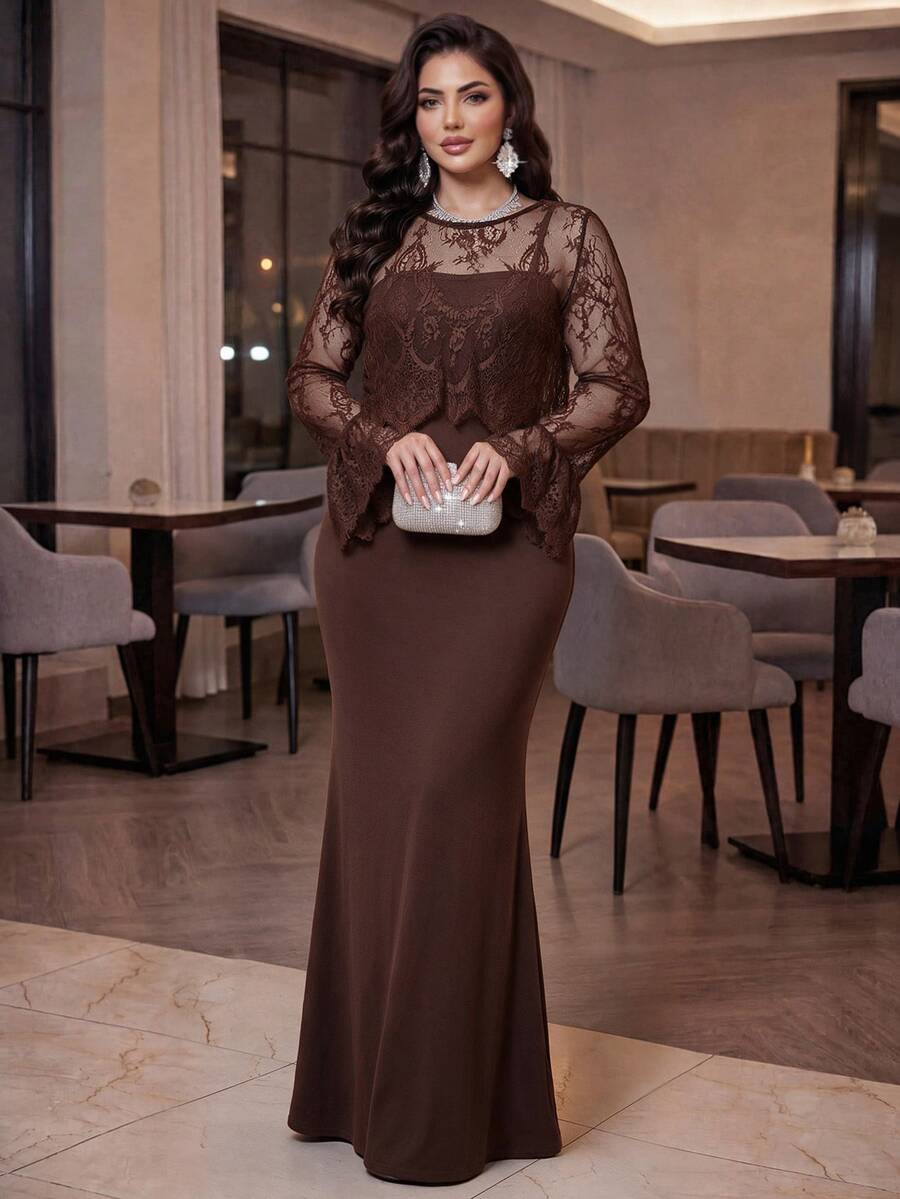 Auveirra طقم نسائي كاجوال من قطعتين مقاس كبير، ملابس علوية دانتيل بأكمام طويلة وتنورة - بني - مشاهدة 1