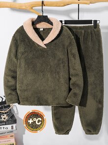 SHEIN 兒童青少年男孩休閒雙面法蘭絨對比色翻領毛絨厚實面料綠色居家服套裝，適合秋季、學校、家庭聚會、返校、運動、秋季穿搭、冬季穿搭、生日派對 - 彩色 - 查看 3