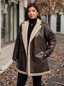 Reflora Plus Size Colorblock PU Material Patchwork Button Long Sleeve Jacket Hiking Holiday Brown Winter Casual Elegant - Brown - View 2