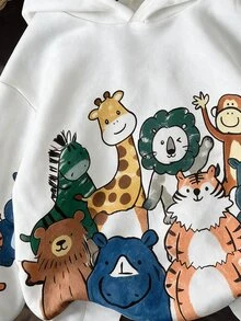 小男孩連帽長袖運動衫，經典帥氣可愛手繪卡通動物聚會圖案印花，猴子、斑馬、河馬、獅子、老虎、長頸鹿、犀牛手繪卡通圖像印花，適合秋冬穿著 - 彩色 - 查看 5