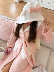 SweetSlumber Women's Colorblock Hooded Bow Long Plush Robe - Pink - View 1