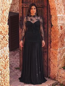 Aureia Plus Size Elegant Luxury French Embroidery Lace Round Neck Long Sleeve V-Neck Built-In Fishbone Bodycon Flared Hem Evening Dress For Women New Year - Black - View 6