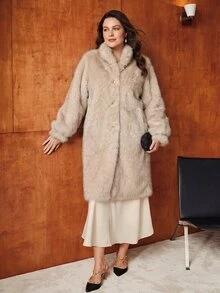 MOTF PREMIUM PLUS SIZE WOMEN AUTUMN WINTER STAND COLLAR LOOSE METAL BUTTON FAUX FUR COAT - Khaki - View 5
