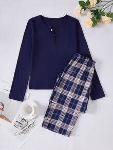 1 Set Girls' Plaid Pajama Set, Navy Blue Solid Color Half-Button Top, Blue & White Classic Plaid Print Pants, Soft Skin-Friendly Woven Fabric, Smooth Drape Comfortable (1 Set Sold Separately) - Multicolor - View 7