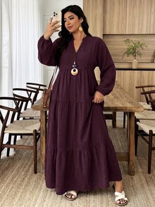 Weeklong Plus Size Solid Dark Grey Textured V-Neck Lantern Sleeve Tiered Maxi Dress, Versatile For Work & Casual Wear - Burgundy - View 5