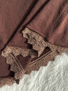 Comfortcana Cardigan Rajut Lengan Panjang Wanita Ukuran Plus dengan Detail Renda Kontras di Bagian Depan dan Tali Pengikat - Coklat - View 6